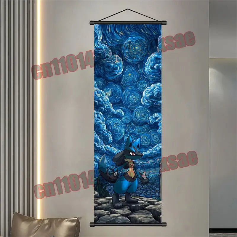 Blue and black lucario-themed wall hanging with swirling starry night sky design in pokemon gengar eevee pikachu scroll poster