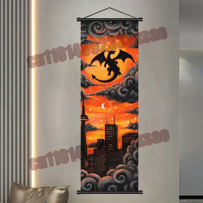 Pokemon gengar and pikachu scroll poster with black dragon silhouette against orange sunset over cn tower cityscape