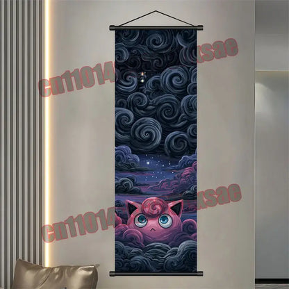 Pink jigglypuff with large blue eyes peeks from purple clouds on a pikachu scroll wall art in pokemon gengar retro decor