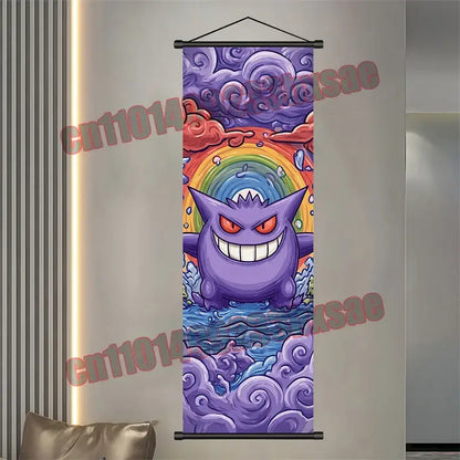 Purple gengar pokemon wall hanging with vibrant rainbow and swirling cloud design in pikachu scroll retro decor poster