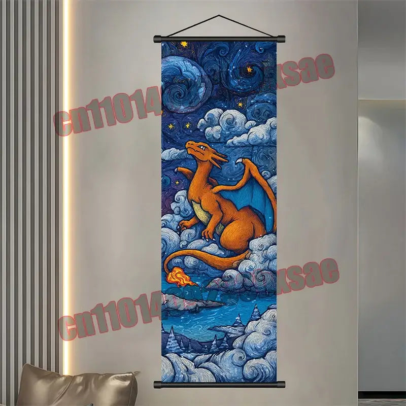 A vibrant orange charizard on a pokemon gengar pikachu scroll poster tapestry with black metal hanging rods