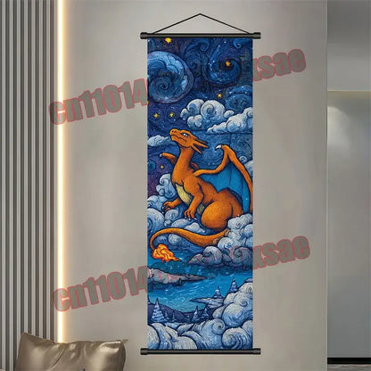 A vibrant orange charizard on a pokemon gengar pikachu scroll poster tapestry with black metal hanging rods