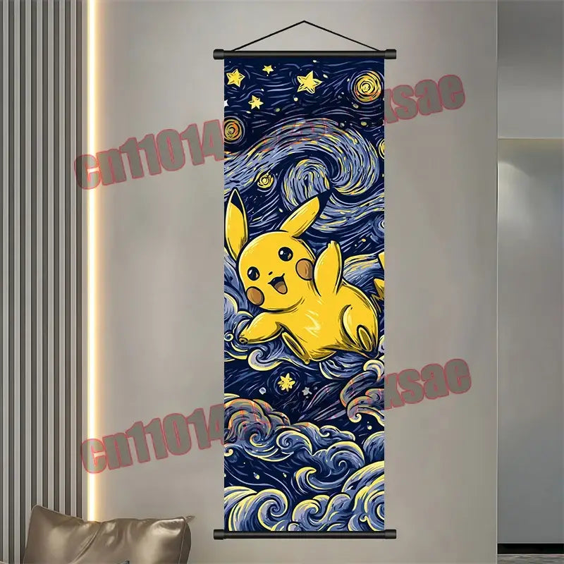Vibrant yellow pikachu scroll poster with a swirling starry night sky design inspired by van gogh featuring pokemon gengar and eevee
