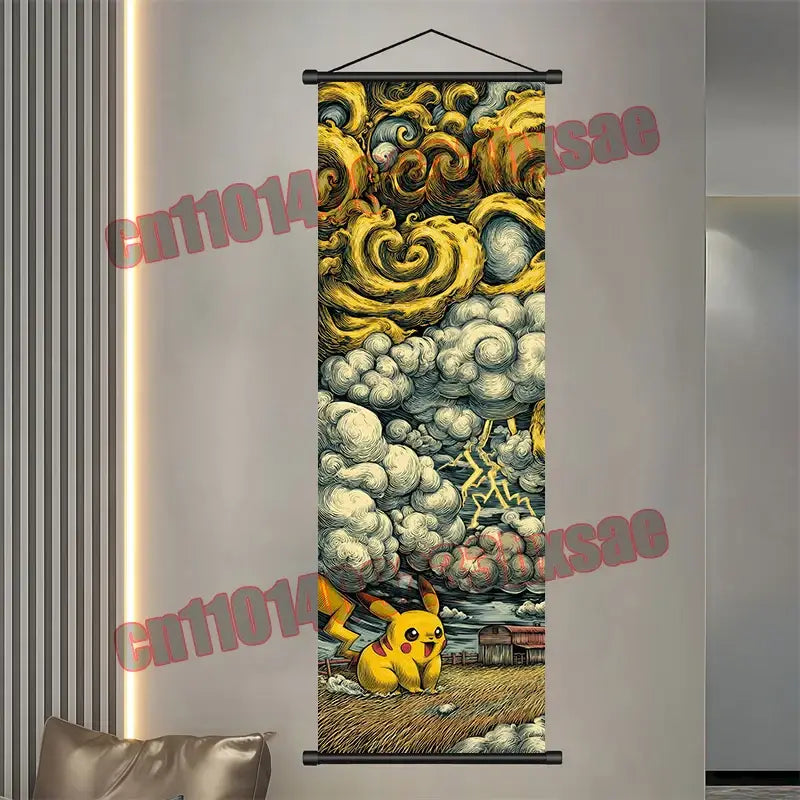 A vibrant yellow pikachu scroll poster with dynamic clouds and lightning hanging on black metal roller hardware pokemon gengar