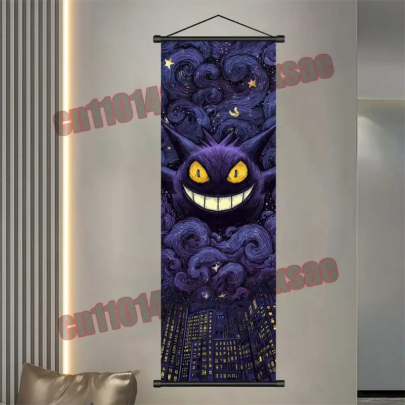 Pokemon gengar eevee pikachu scroll poster with dark purple gengar and glowing yellow eyes against city night skies