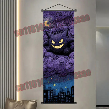 Purple gengar-themed pokemon scroll poster with swirling clouds crescent moon and city skyline for retro decor