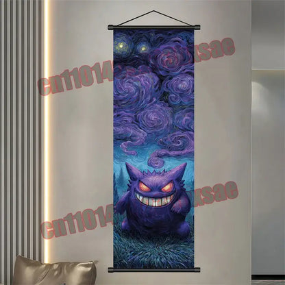 Purple pokemon gengar scroll poster with glowing eyes and swirling night sky on black metal rod frame for retro decor
