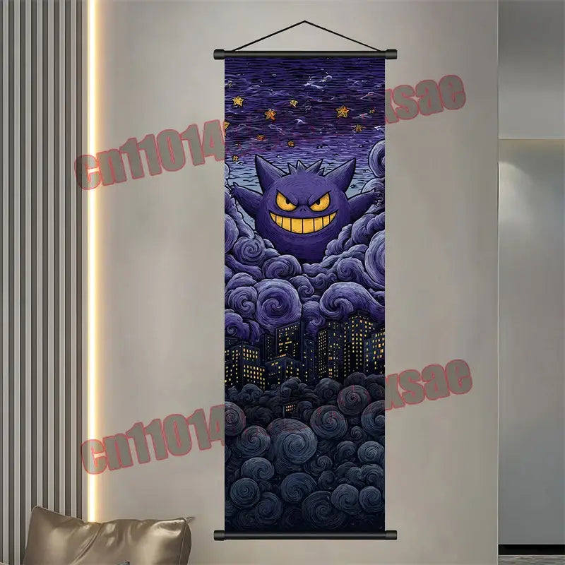 Pokemon gengar eevee pikachu scroll poster with purple gengar design, swirling clouds, cityscape, and starry night sky
