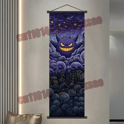 Pokemon gengar eevee pikachu scroll poster with purple gengar design, swirling clouds, cityscape, and starry night sky