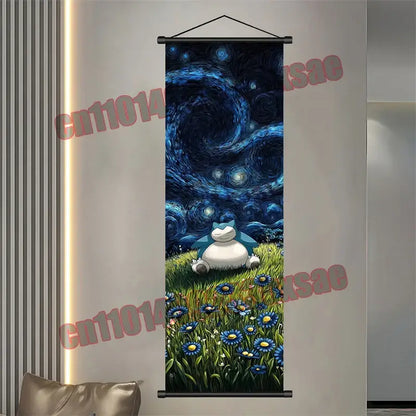 Pokemon gengar pikachu scroll poster with snorlax in blue flowers under a van gogh style starry night sky