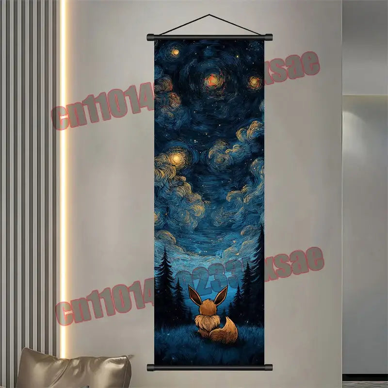 Pokemon gengar eevee pikachu scroll poster featuring stylized eevee on starry night canvas in deep blues and golden yellows