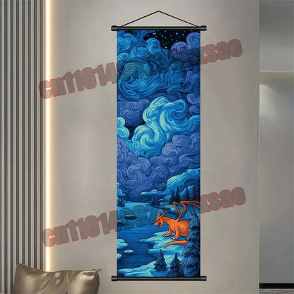 Pokemon gengar eevee pikachu scroll poster featuring a vibrant blue and orange charizard wall hanging under stars