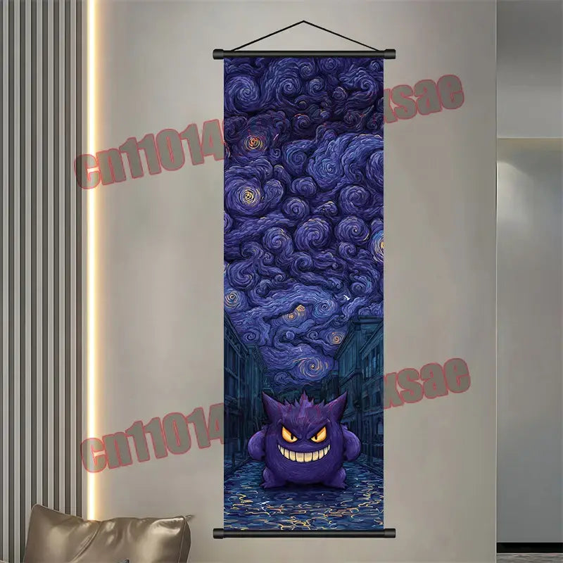 Purple pokemon gengar scroll poster with swirling starry night design featuring glowing yellow eyes and menacing grin