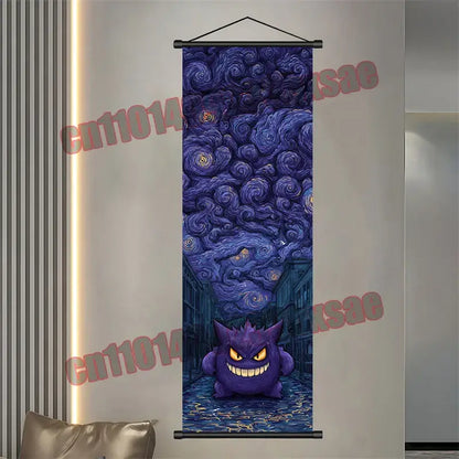 Purple pokemon gengar scroll poster with swirling starry night design featuring glowing yellow eyes and menacing grin