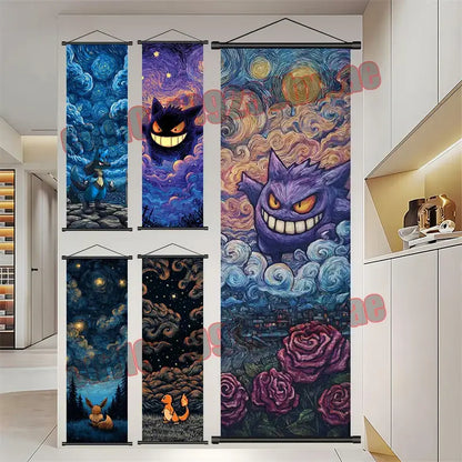 Purple gengar-themed pokemon scroll poster with swirling starry night sky and roses in van gogh style pikachu scroll