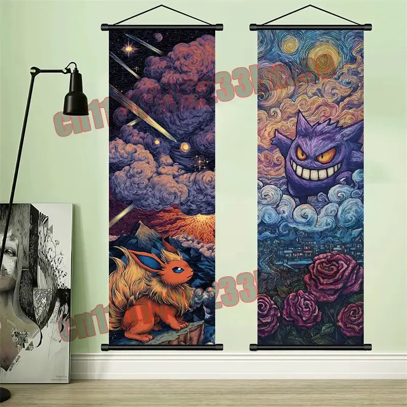 Two vertically hanging pokemon gengar and pikachu scroll canvas wall scrolls featuring fiery eevee and purple gengar designs