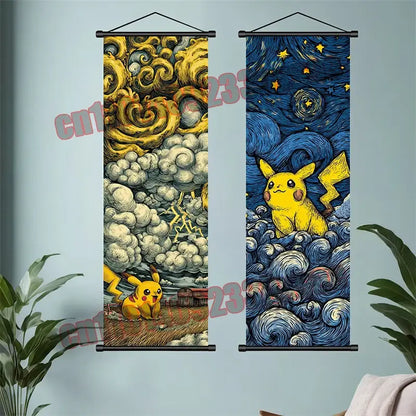 Two vertically hanging pikachu scroll wall art pieces in van gogh starry night style featured in pokemon gengar eevee pikachu scroll poster