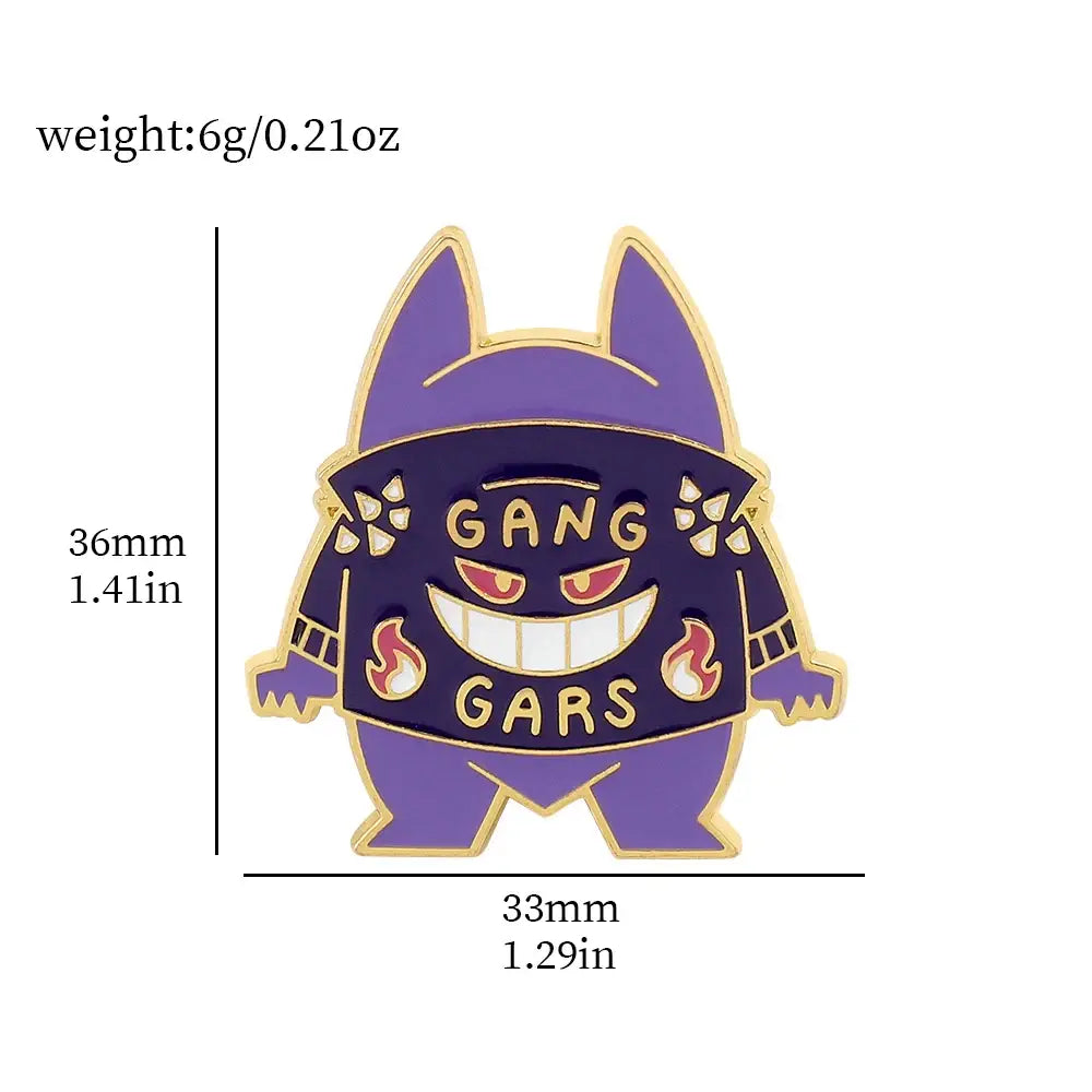 Purple and gold pokemon gengar enamel lapel pin with cartoon character flames and gang gars text for backpack badge