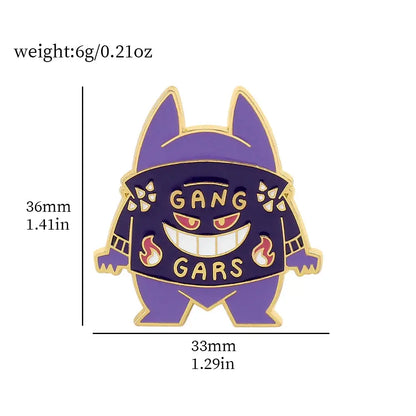 Purple and gold pokemon gengar enamel lapel pin with cartoon character flames and gang gars text for backpack badge