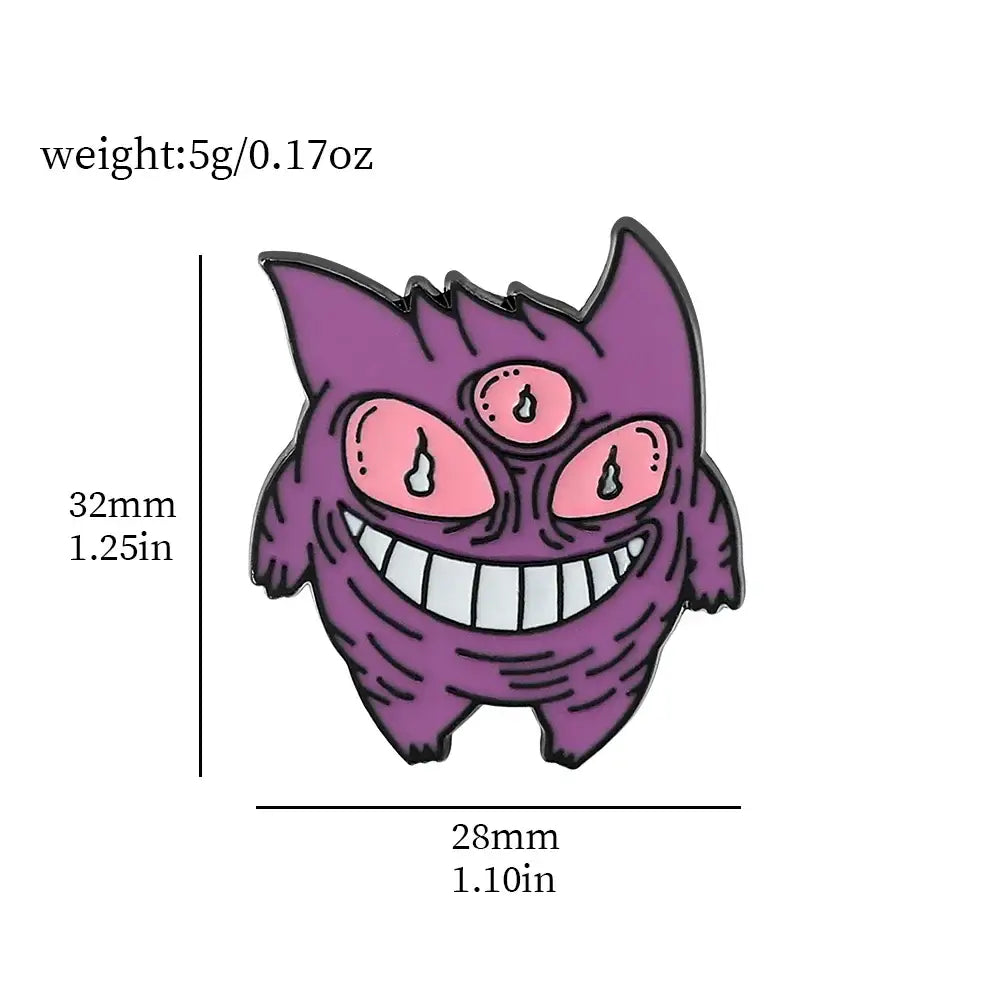 Purple pokemon gengar enamel lapel pin with three pink eyes and wide toothy grin for backpacks and badges