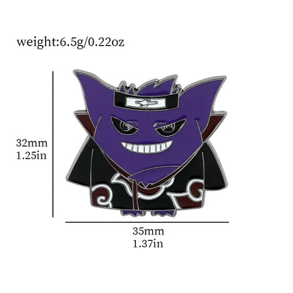 Purple and black pokemon gengar enamel lapel pin featuring smiling gengar in akatsuki cloak for backpacks or jackets