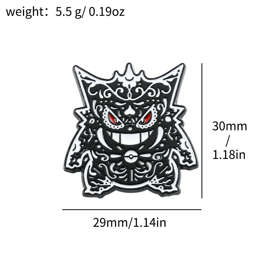 Pokemon gengar enamel lapel pin in black and white with red eyes and poké ball emblem for backpack badge use
