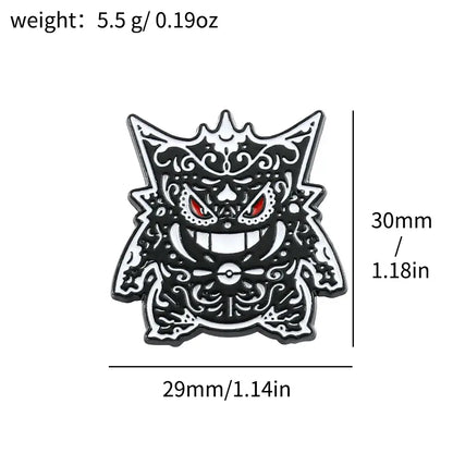 Pokemon gengar enamel lapel pin in black and white with red eyes and poké ball emblem for backpack badge use