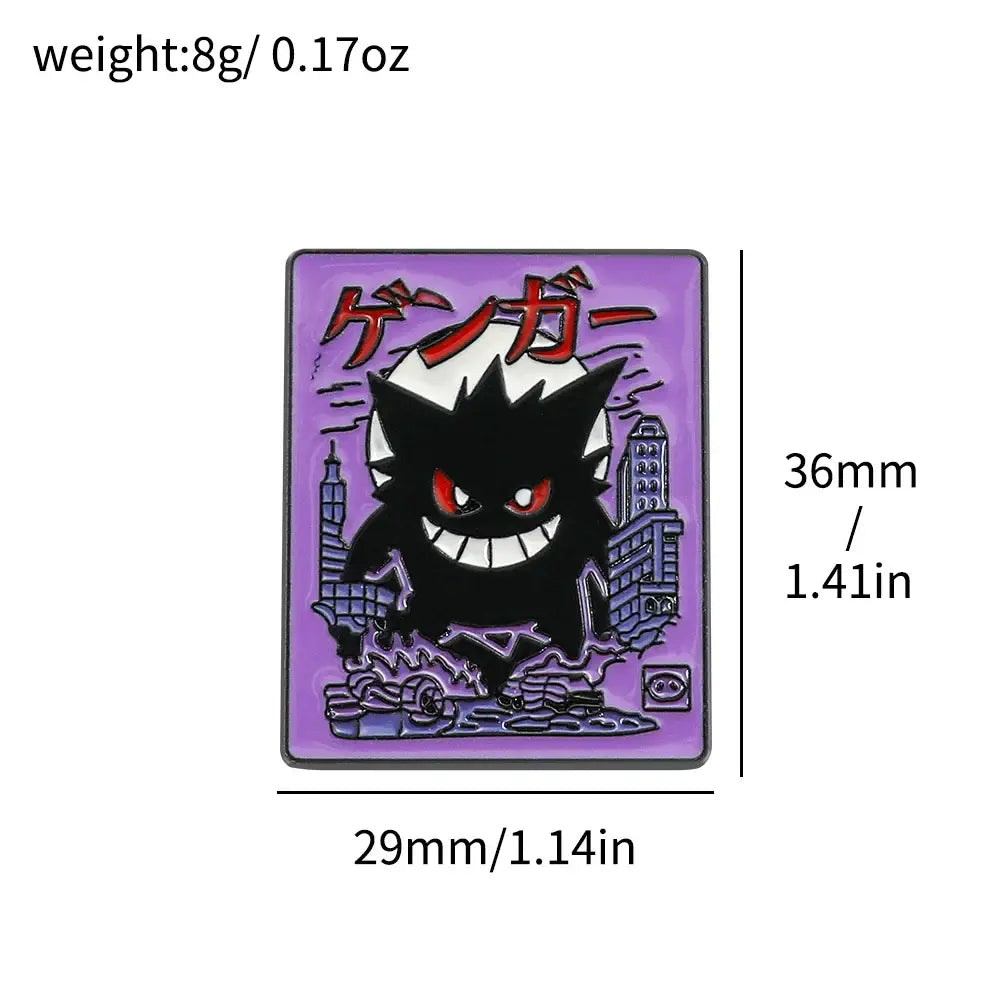 Purple pokemon gengar enamel lapel pin with red eyes and grin set against a cityscape for backpack badge