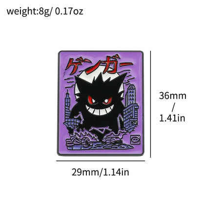 Purple pokemon gengar enamel lapel pin with red eyes and grin set against a cityscape for backpack badge
