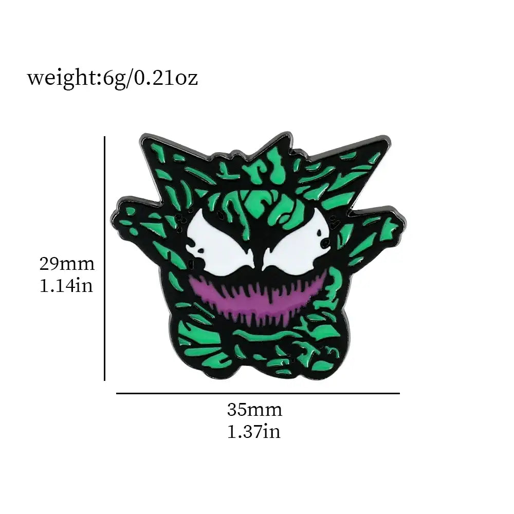 Pokemon gengar enamel lapel pin featuring a green and black stylized face with white eyes and purple lips backpack badge