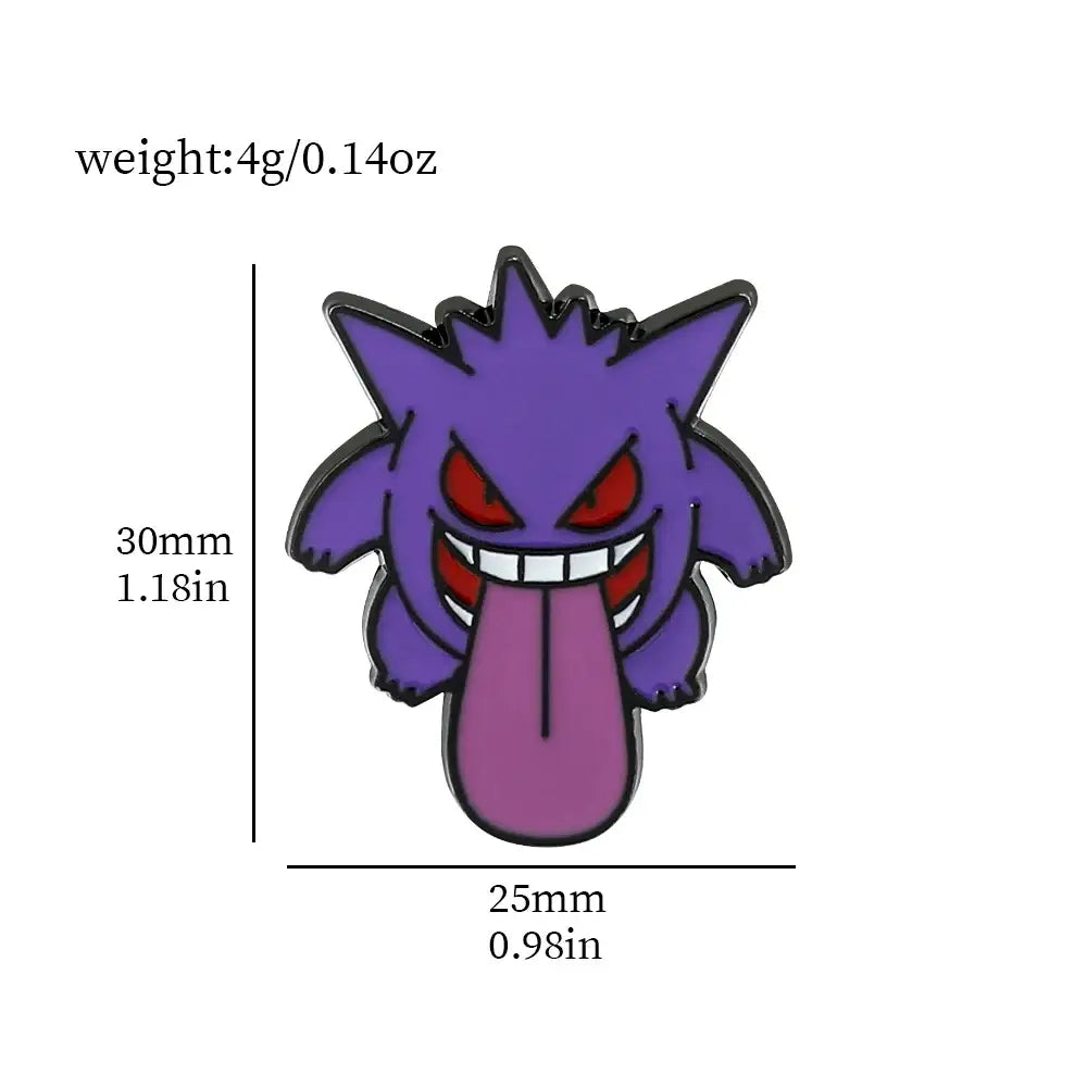 Pokemon gengar enamel lapel pin featuring purple gengar with red eyes, pink tongue, black outlines, and metallic edges