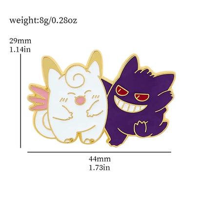 A pokemon gengar enamel lapel pin featuring white and purple pokémon characters with pink wings and red eyes