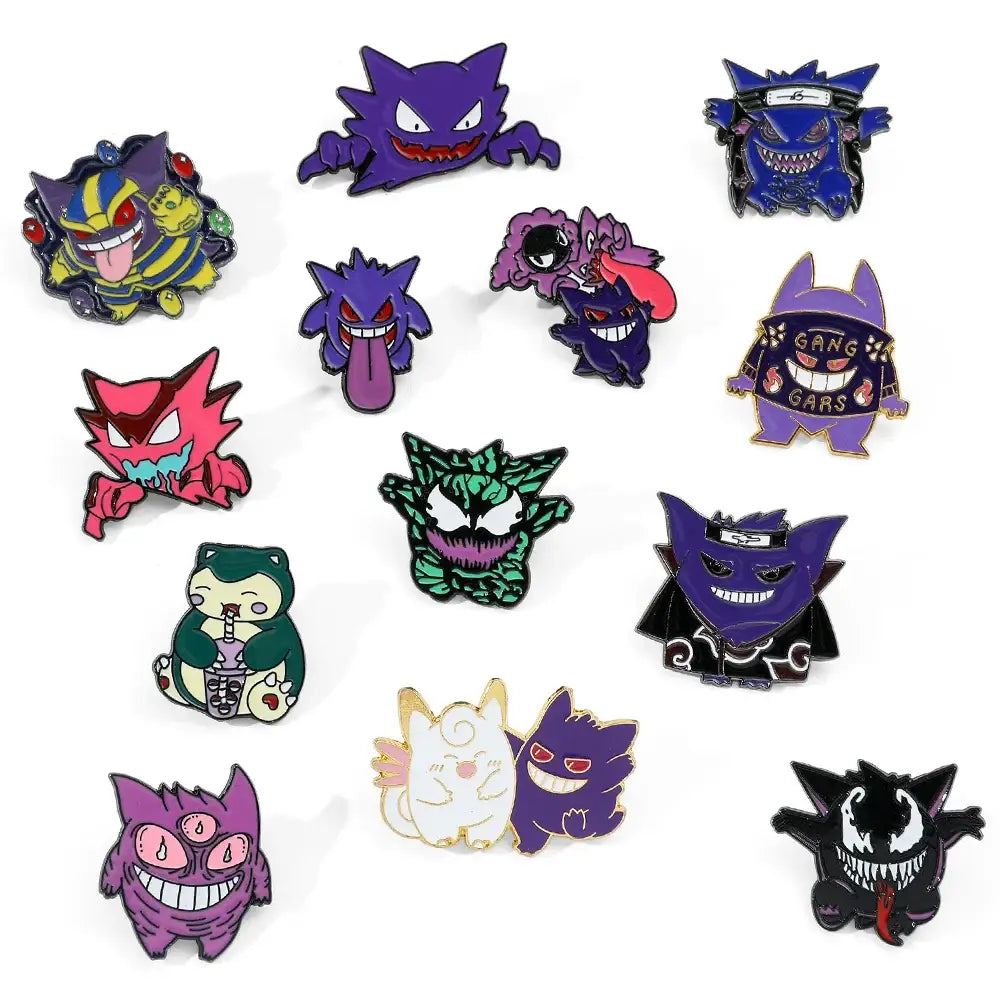 A colorful collection of pokemon gengar enamel lapel pins in vibrant purple, blue, and pink with chibi and anime designs