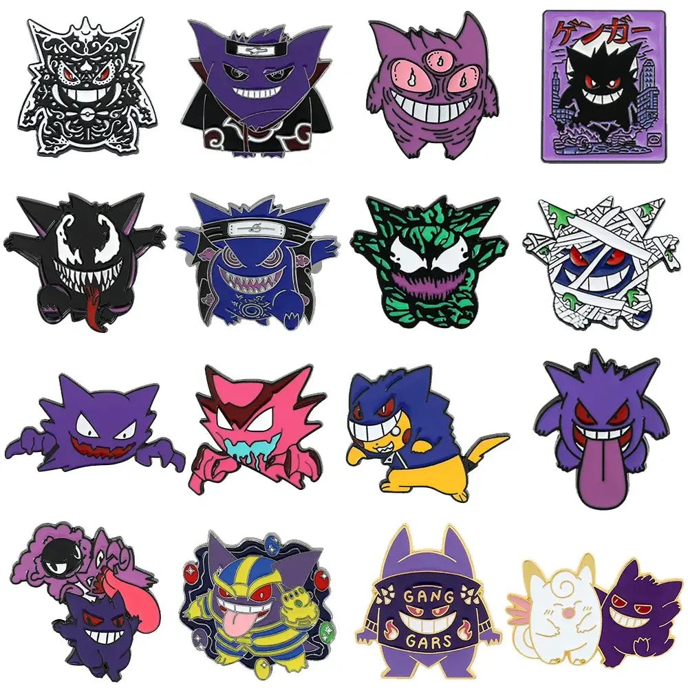 A collection of colorful pokemon gengar enamel lapel pins featuring various designs and vibrant enamel coatings