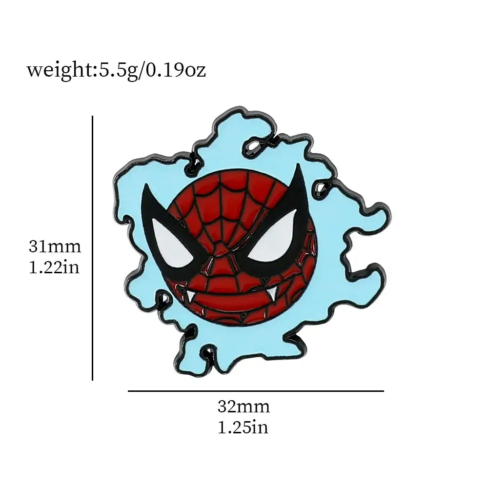 Red and black spider-man enamel lapel pin with cartoon smiling face bursting through light blue background pokemon gengar enamel