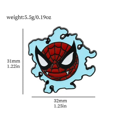 Red and black spider-man enamel lapel pin with cartoon smiling face bursting through light blue background pokemon gengar enamel