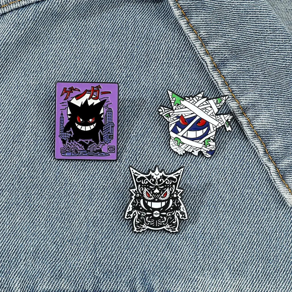 Three pokemon gengar enamel lapel pins featuring purple, white mummy, and black-and-white designs for backpacks