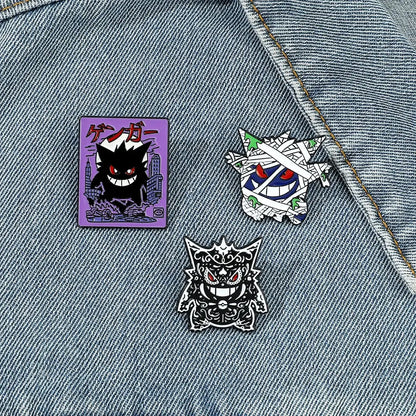 Three pokemon gengar enamel lapel pins featuring purple, white mummy, and black-and-white designs for backpacks