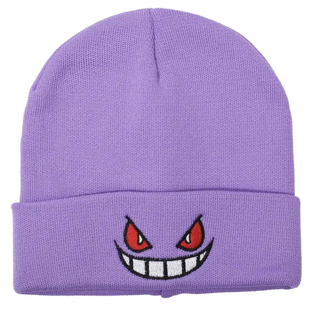 Purple knit winter hat featuring an embroidered gengar face with red eyes and a wide grin