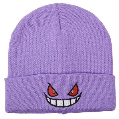 Purple knit winter hat featuring an embroidered gengar face with red eyes and a wide grin