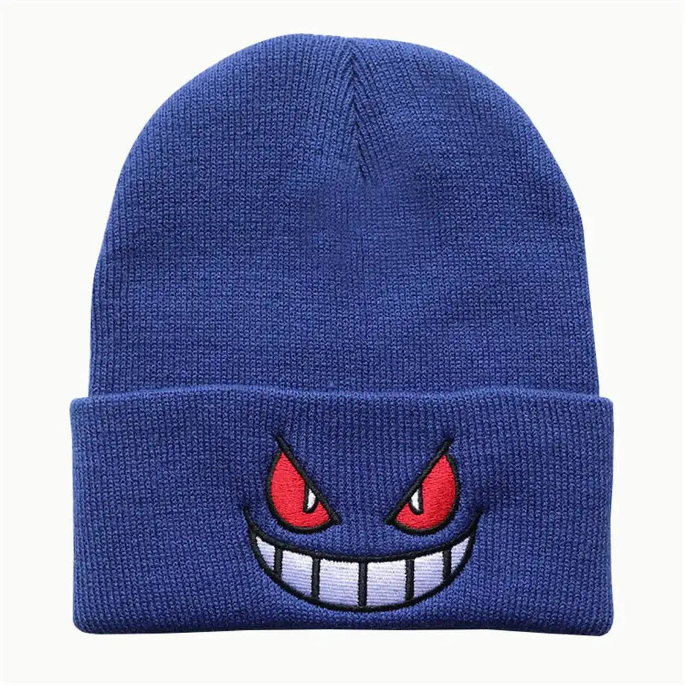 Blue knitted winter hat featuring an embroidered gengar face with red eyes and a toothy grin
