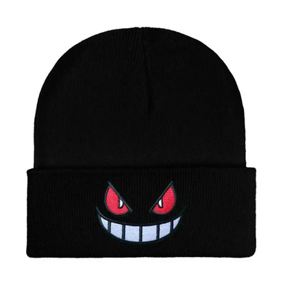 Black knitted beanie featuring an embroidered Gengar face with red eyes and toothy grin winter hat