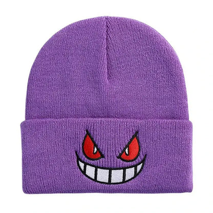 Purple knitted beanie winter hat featuring an embroidered Gengar face with red eyes and a wide grin