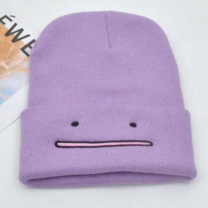 Pokemon gengar knitted hood hat soft lavender knit beanie with kawaii character face embroidery