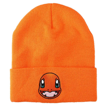 Bright orange plush knit hood hat featuring a kawaii charmander face embroidered on the folded cuff