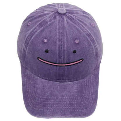 Purple denim baseball cap with a smiling face embroidery featured in the pokemon gengar knitted hood hat plush knit style