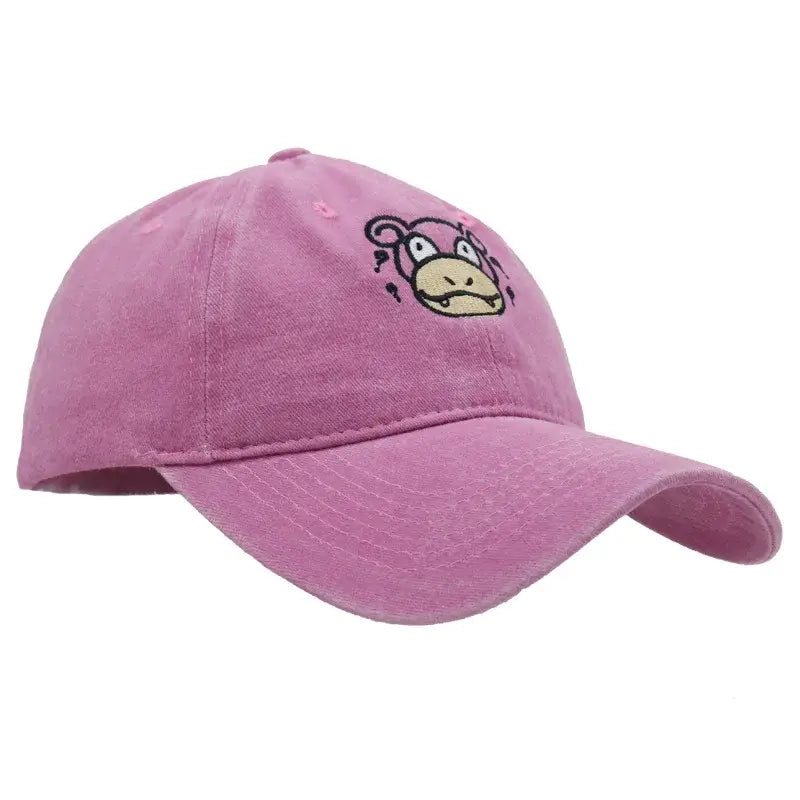 Soft pink baseball cap with embroidered cartoon face featuring black outlines and beige details knitted hood hat