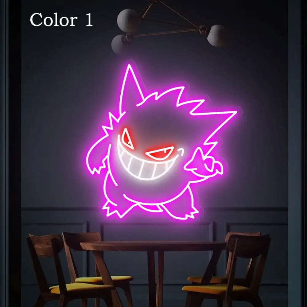 A glowing neon sign shaped like a purple and red pokemon gengar outlined in white light for a gengar neon sign lamp