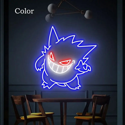 Pokemon gengar neon sign glowing blue with red eyes and wide grin usb dimmable led lamp for room decor