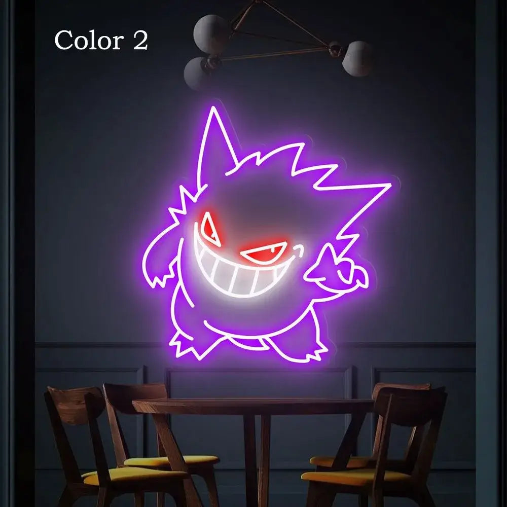 Purple neon sign shaped like pokemon gengar with red eyes and white outline usb dimmable led lamp gengar neon sign